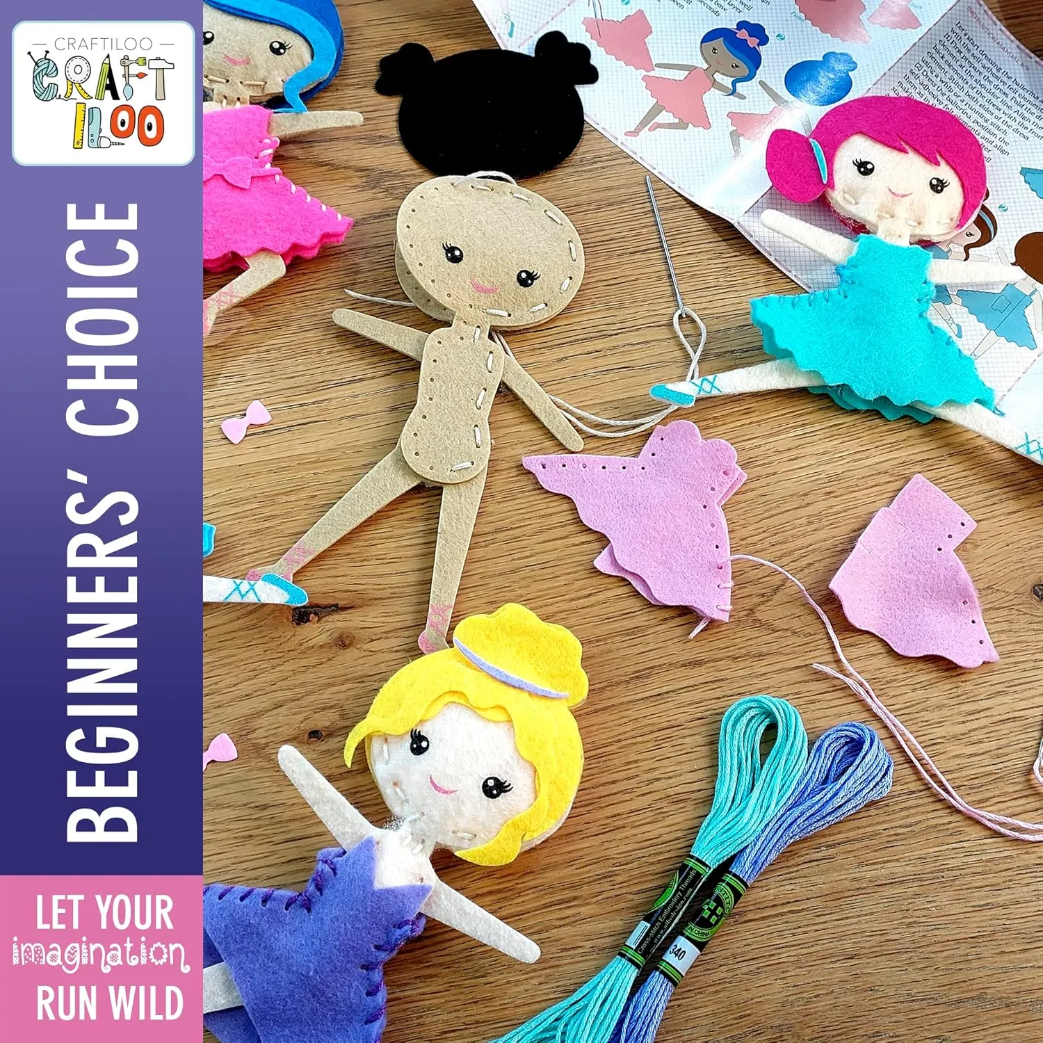 CRAFTILOO Ballerina Dancers Sewing Kit for Kids, Fun and Educational Craft Set for Boys and Girls Age 5-12, Sew Your Own Felt Ballerina Craft Kit for Beginners (Ballerina Kit)
