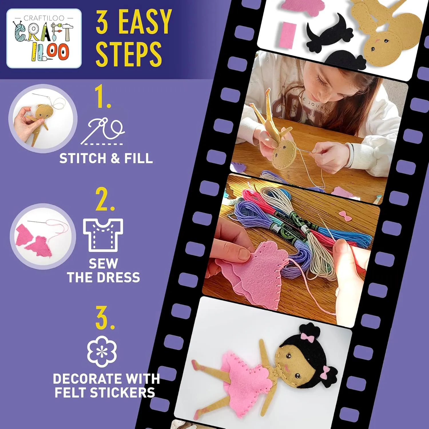 CRAFTILOO Ballerina Dancers Sewing Kit for Kids, Fun and Educational Craft Set for Boys and Girls Age 5-12, Sew Your Own Felt Ballerina Craft Kit for Beginners (Ballerina Kit)