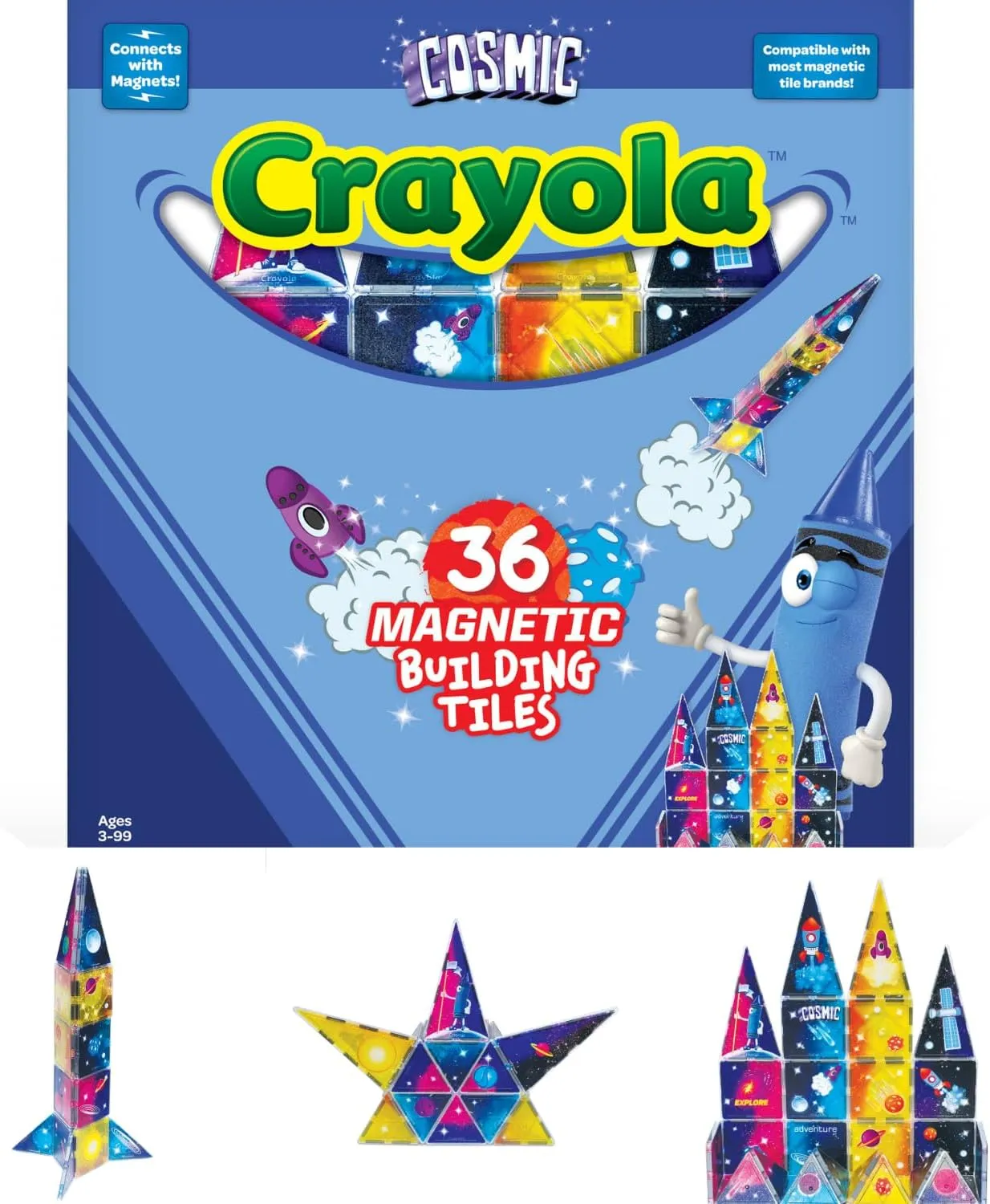 CreateOn Crayola Cosmic Magnetic Tiles, Building Set for Kids, Magnetic Tiles, Magnetic Building Toys for Kids, STEM Learning Toys for Boys and Girls Ages 3 and Up, 36-Piece Set (Cosmic)