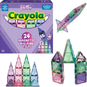 CreateOn Crayola Glitter Magnetic Tiles, Building Set for Kids, Magnetic Tiles, Kids’ Building Toys, STEM & Montessori Toys for Boys and Girls Ages 3 , 24-Piece Set (Glitter)