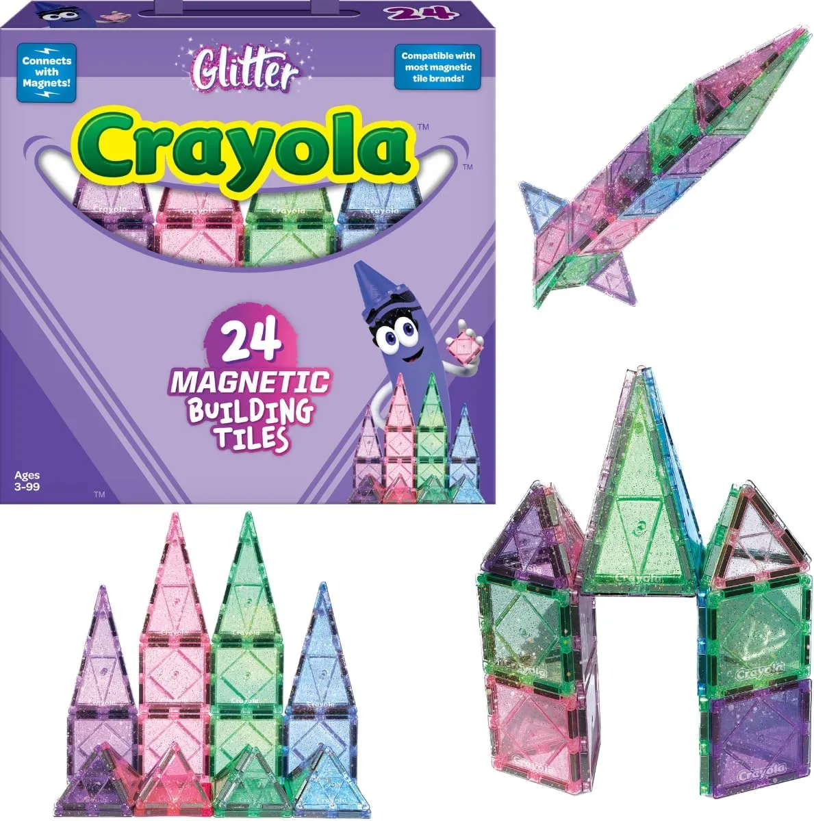 CreateOn Crayola Glitter Magnetic Tiles, Building Set for Kids, Magnetic Tiles, Kids’ Building Toys, STEM & Montessori Toys for Boys and Girls Ages 3 , 24-Piece Set (Glitter)