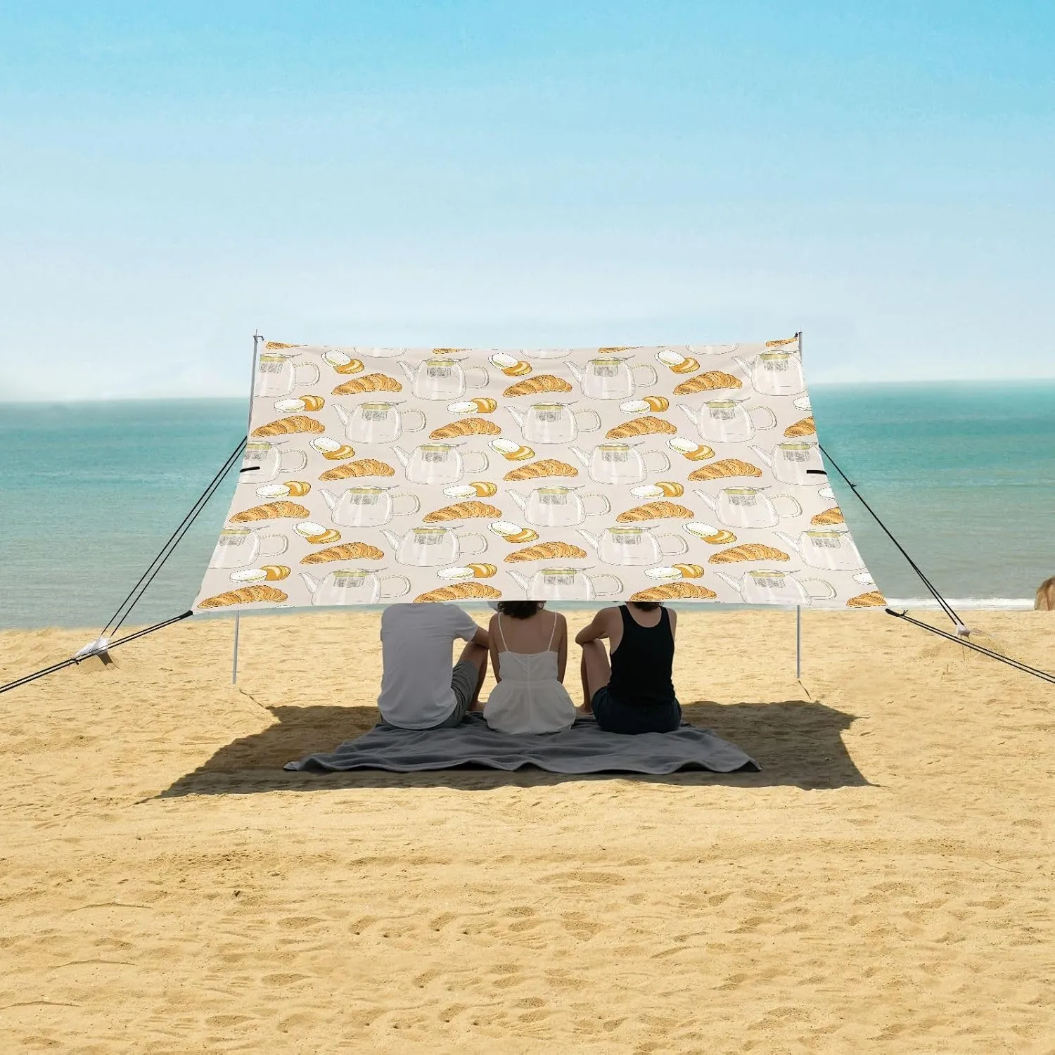 Croissants Teapots Beach Canopy Tent Anti-UV & Wind Resistant, Camping Sun Shelter Easy Setup Portable,Outdoor Shade Tents with Sandbags,Sand Shovels,Ground Pegs & Stability Poles