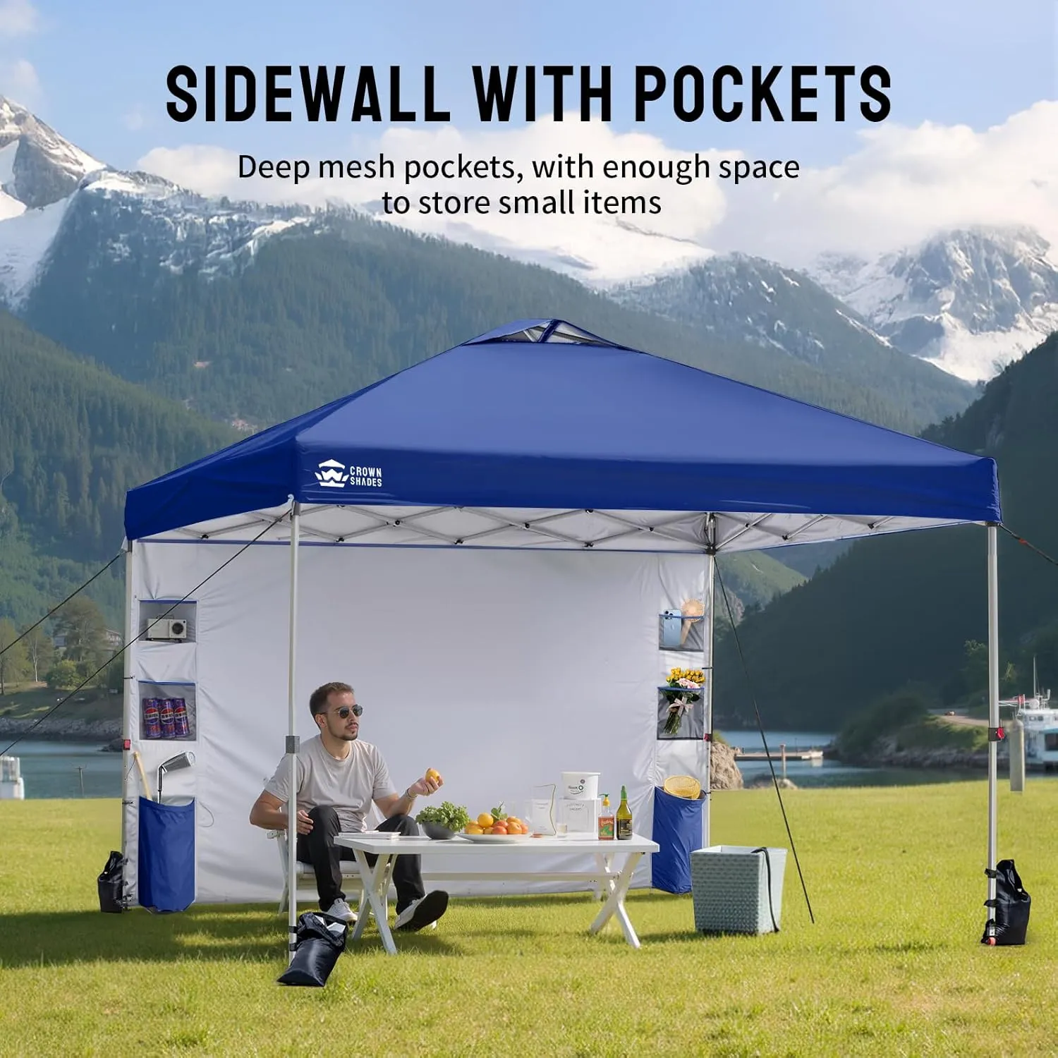 CROWN SHADES Canopy Tent, 10 x 10 Foot Portable Pop Up Outdoor Shelter with Pocket Sidewall, Push Center Lock, UV Protection, and Carry Bag, Navy Blue