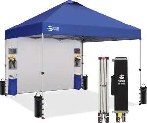 CROWN SHADES Canopy Tent, 10 x 10 Foot Portable Pop Up Outdoor Shelter with Pocket Sidewall, Push Center Lock, UV Protection, and Carry Bag, Navy Blue