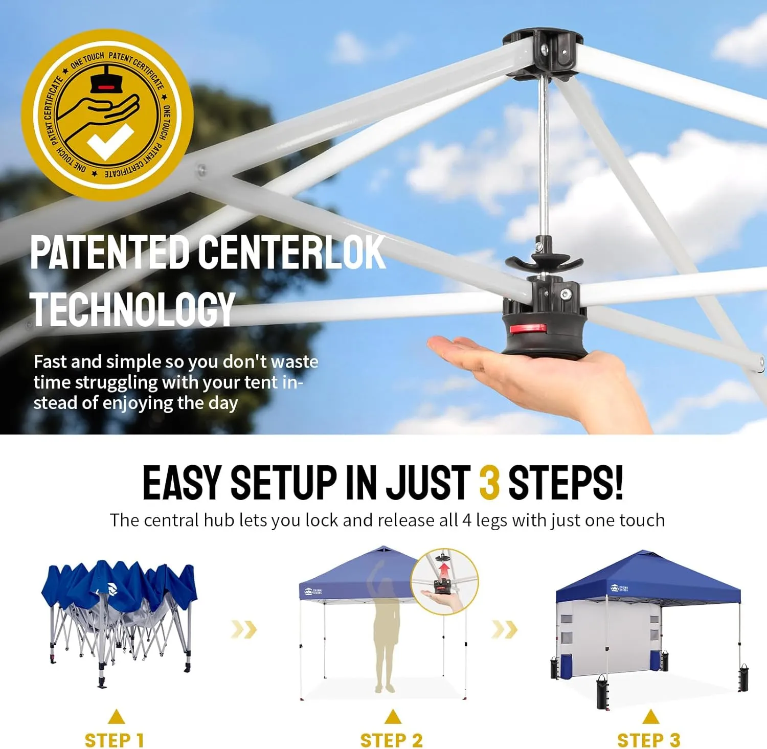 CROWN SHADES Canopy Tent, 10 x 10 Foot Portable Pop Up Outdoor Shelter with Pocket Sidewall, Push Center Lock, UV Protection, and Carry Bag, Navy Blue