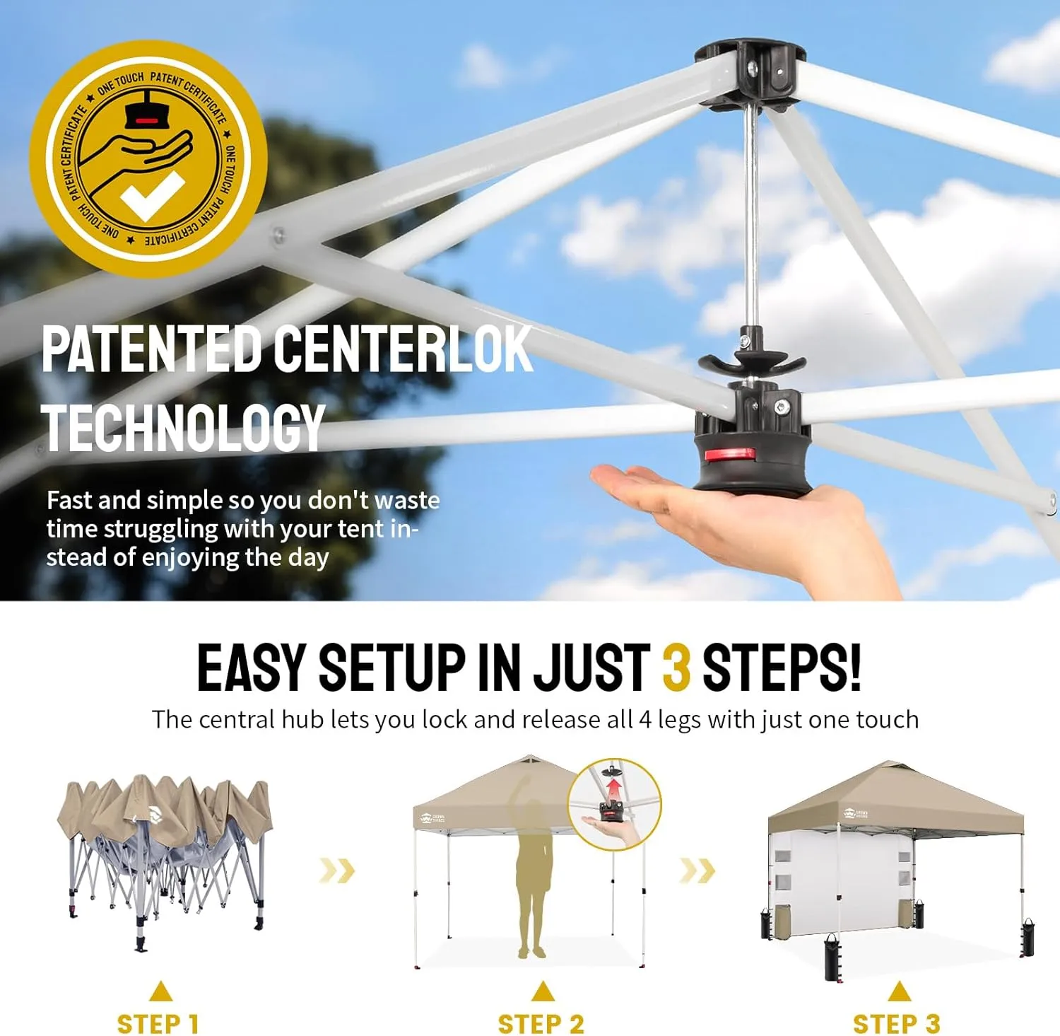 CROWN SHADES Canopy Tent 10x10 Pop Up Canopy Outdoor Shade with Pockets Sidewall, Easy Up Sun Shelter with One Person Set Up Center Lock, Portable Instant Camping Beach Canopy Tents, Beige