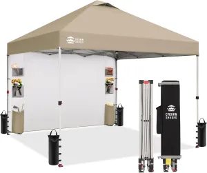 CROWN SHADES Canopy Tent 10x10 Pop Up Canopy Outdoor Shade with Pockets Sidewall, Easy Up Sun Shelter with One Person Set Up Center Lock, Portable Instant Camping Beach Canopy Tents, Beige