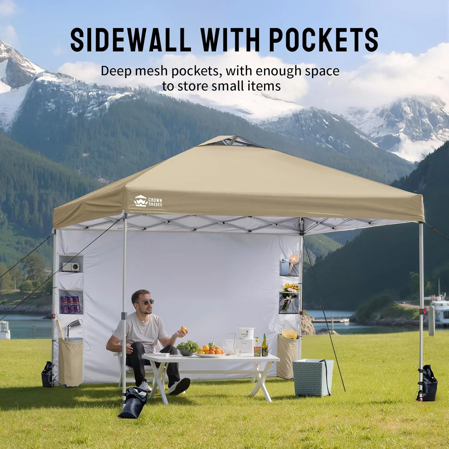 CROWN SHADES Canopy Tent 10x10 Pop Up Canopy Outdoor Shade with Pockets Sidewall, Easy Up Sun Shelter with One Person Set Up Center Lock, Portable Instant Camping Beach Canopy Tents, Beige