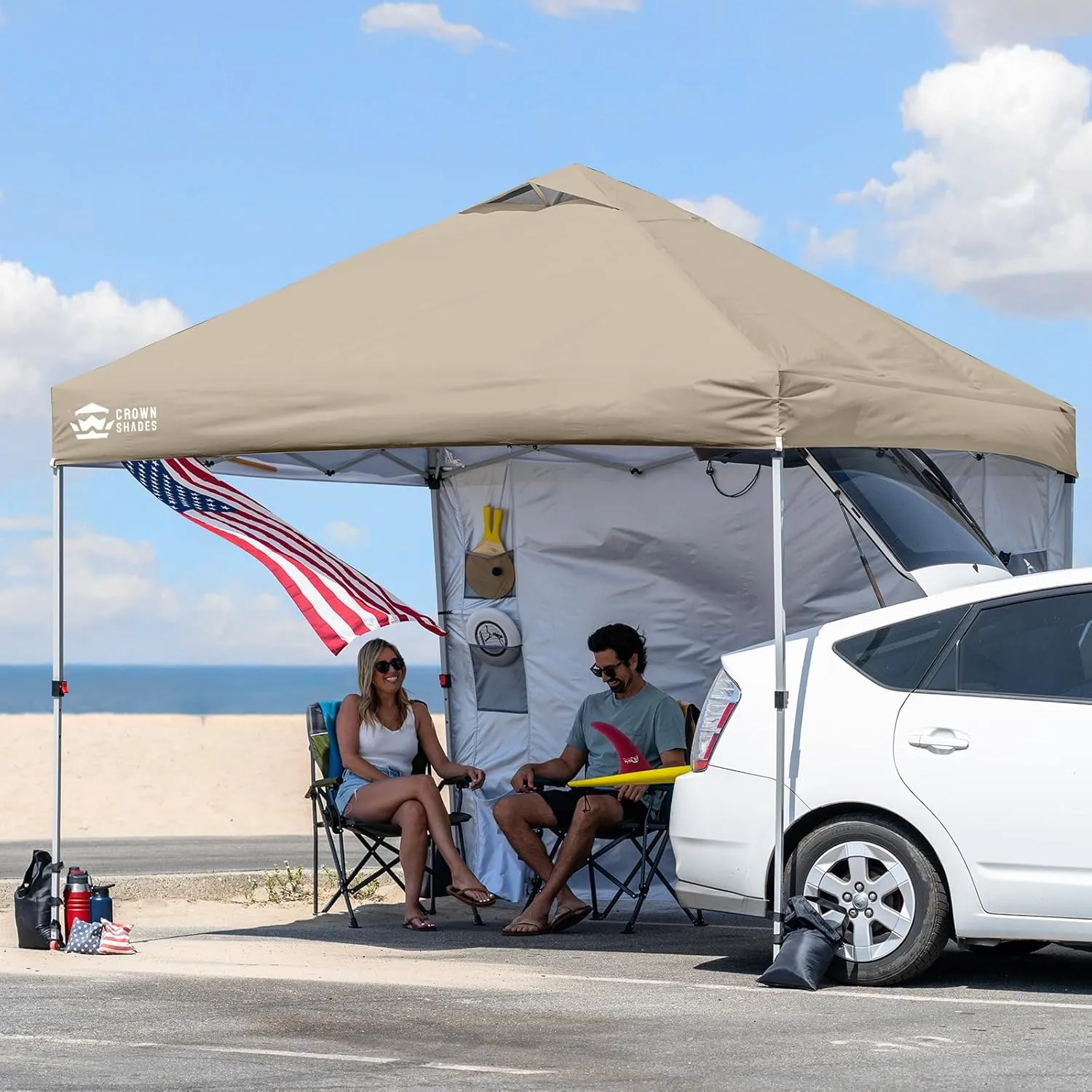 CROWN SHADES Canopy Tent 10x10 Pop Up Canopy Outdoor Shade with Pockets Sidewall, Easy Up Sun Shelter with One Person Set Up Center Lock, Portable Instant Camping Beach Canopy Tents, Beige
