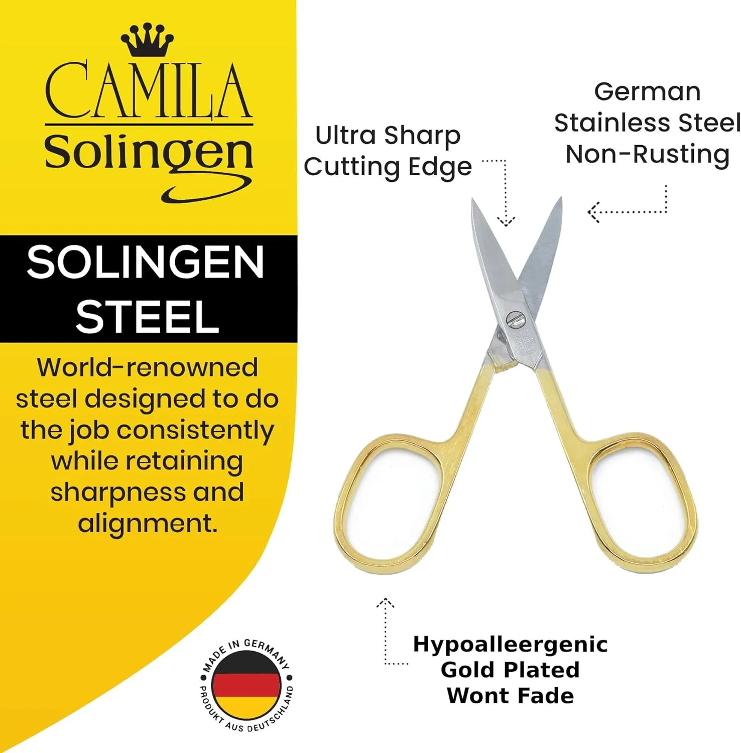 CS02 3 1/2" Professional Hypoallergenic Gold Plated Manicure & Pedicure Sharp Curved Nail Cutting Scissors. Made of Durable Stainless Steel in Solingen, Germany