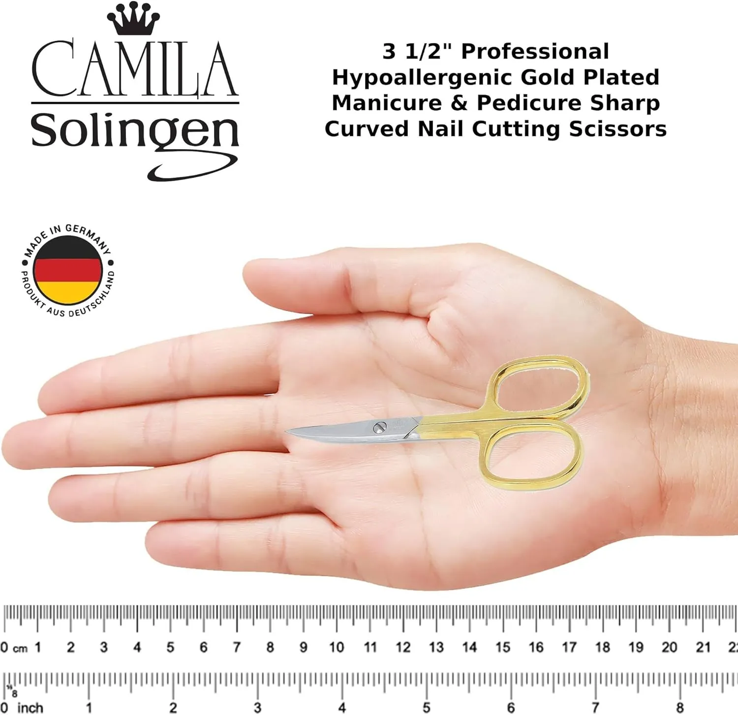 CS02 3 1/2" Professional Hypoallergenic Gold Plated Manicure & Pedicure Sharp Curved Nail Cutting Scissors. Made of Durable Stainless Steel in Solingen, Germany