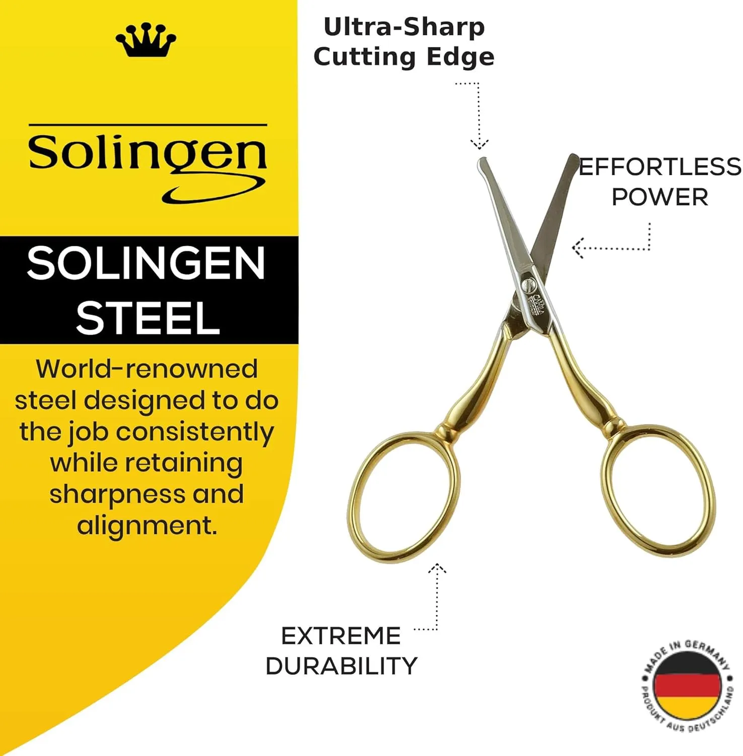 CS06 Professional Hypoallergenic Gold Plated Rounded Safety Tip Scissors for Facial, Body & Nostril Hair. for Men Women & Kids. Made of Durable Stainless Steel in Solingen, Germany