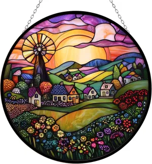 Customized Boho Folk Art Windmill Landscape Stained Glass Window Hanging Suncatcher, Suncatcher Stained Glass Christmas Halloween