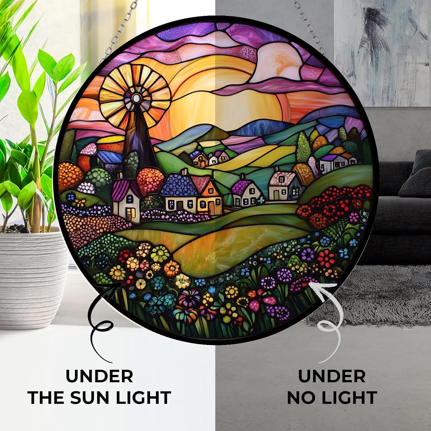 Customized Boho Folk Art Windmill Landscape Stained Glass Window Hanging Suncatcher, Suncatcher Stained Glass Christmas Halloween