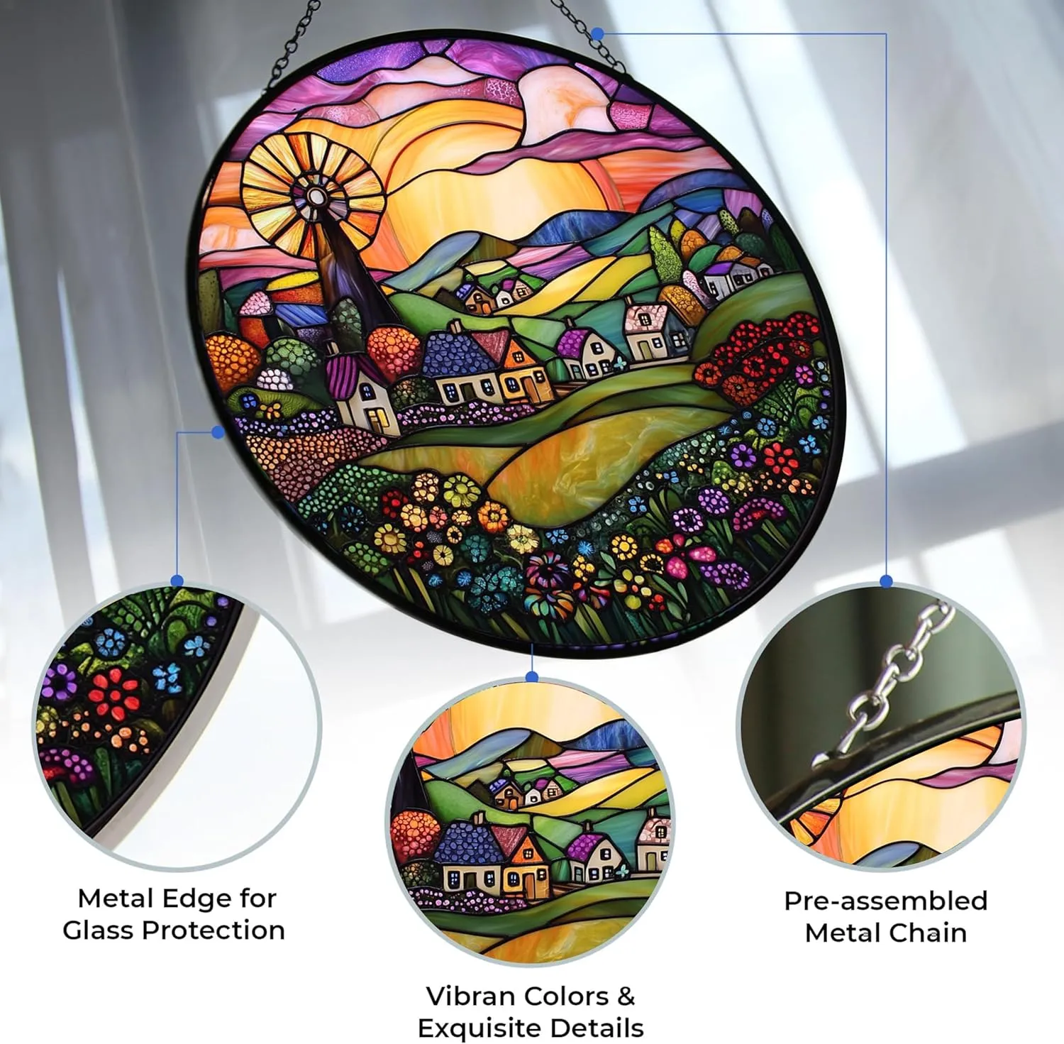 Customized Boho Folk Art Windmill Landscape Stained Glass Window Hanging Suncatcher, Suncatcher Stained Glass Christmas Halloween
