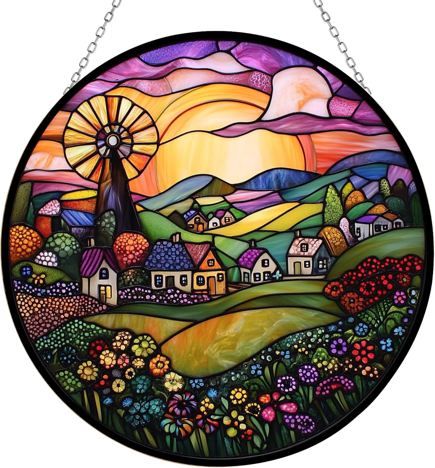 Customized Boho Folk Art Windmill Landscape Stained Glass Window Hanging Suncatcher, Suncatcher Stained Glass Christmas Halloween