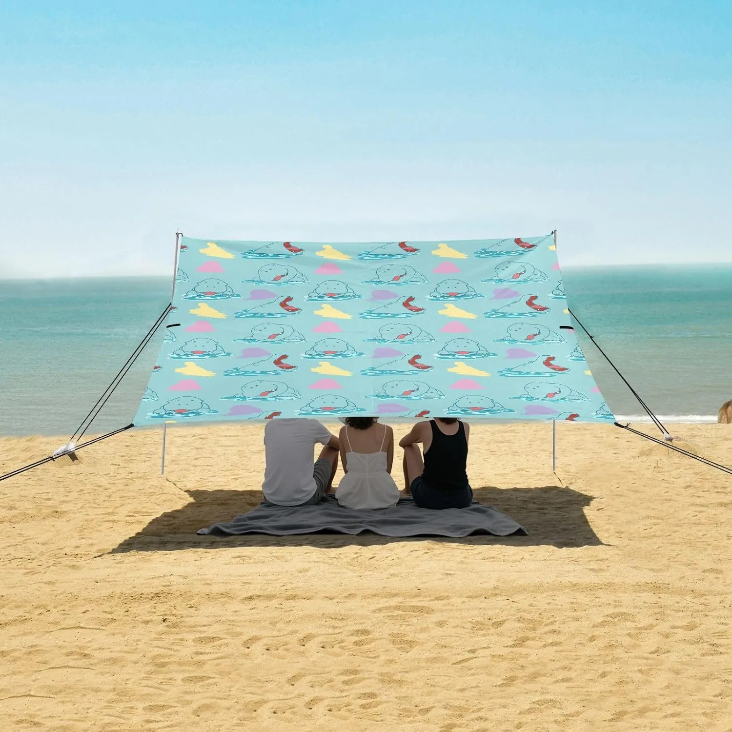 Cute Animal with Hippo Beach Camping Tent Sun Shelter for Whole Family, Blue Beach Shade Canopy with UPF50  UV Protection,Easy Set Up and Carry,Outdoor Shade for Trips, Fishing, Backyard Fun Pi