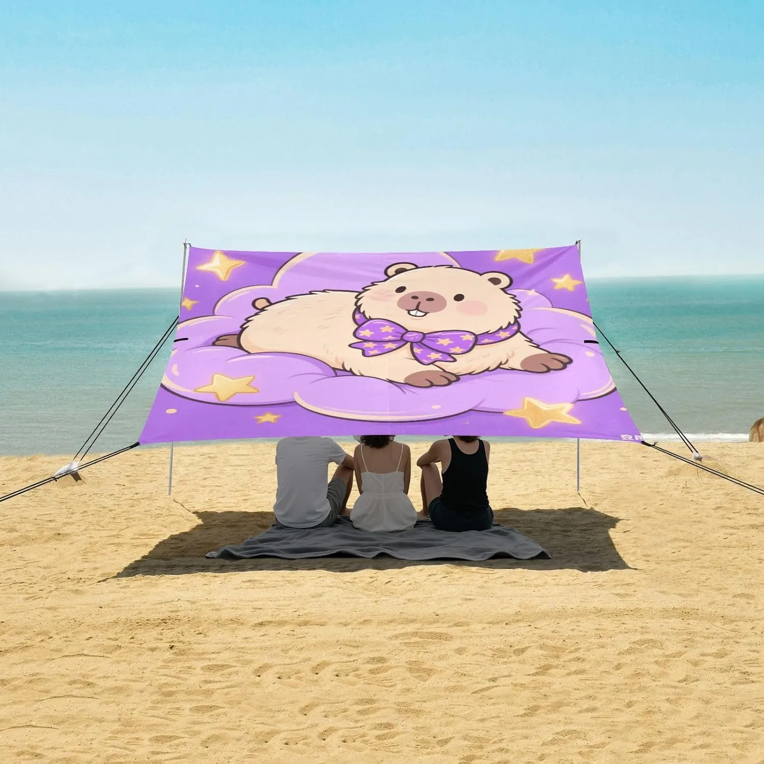 Cute Capybara with Purple Bow Beach Camping Tent Sun Shelter for Whole Family, Beach Shade Canopy with UPF50  UV Protection,Easy Set Up and Carry,Outdoor Shade for Trips, Fishing, Backyard Fun