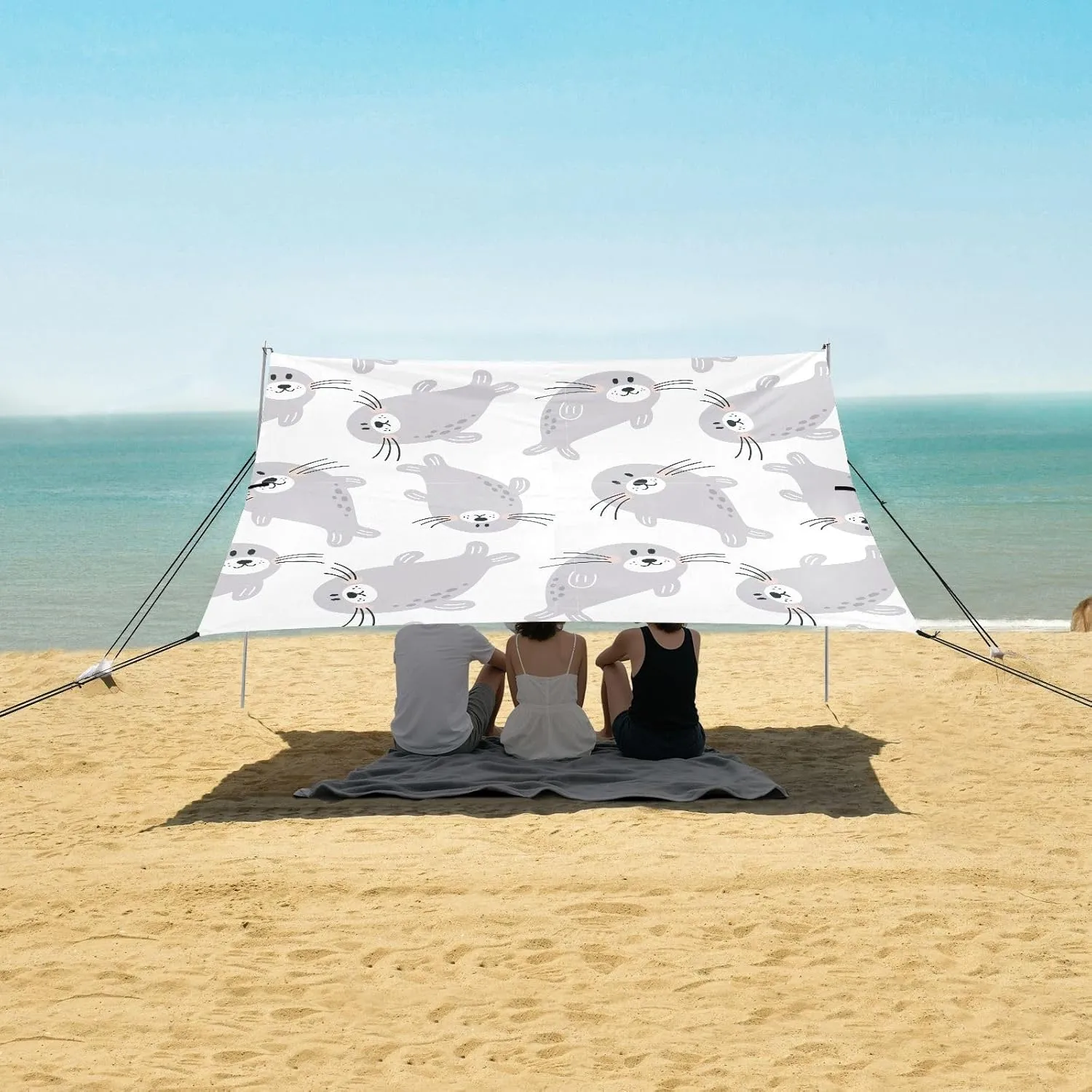 Cute Grey Summer Seal Beach Canopy Tent Anti-UV & Wind Resistant, Camping Sun Shelter Easy Setup Portable,Outdoor Shade Tents with Sandbags,Sand Shovels,Ground Pegs & Stability Poles