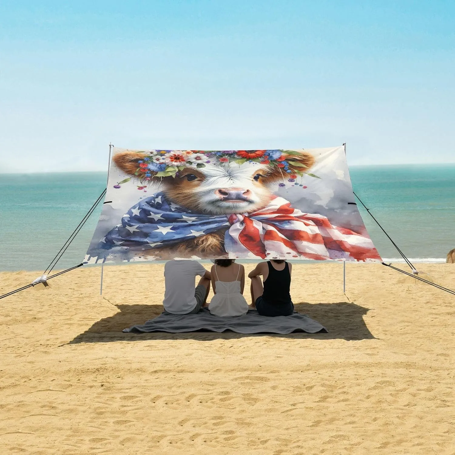 Cute Highland Cow Patriotic Beach Camping Tent Sun Shelter for Whole Family, July 4th Usa Flag Beach Shade Canopy with UPF50  UV Protection,Easy Set Up and Carry,Outdoor Shade for Trips, Fishing
