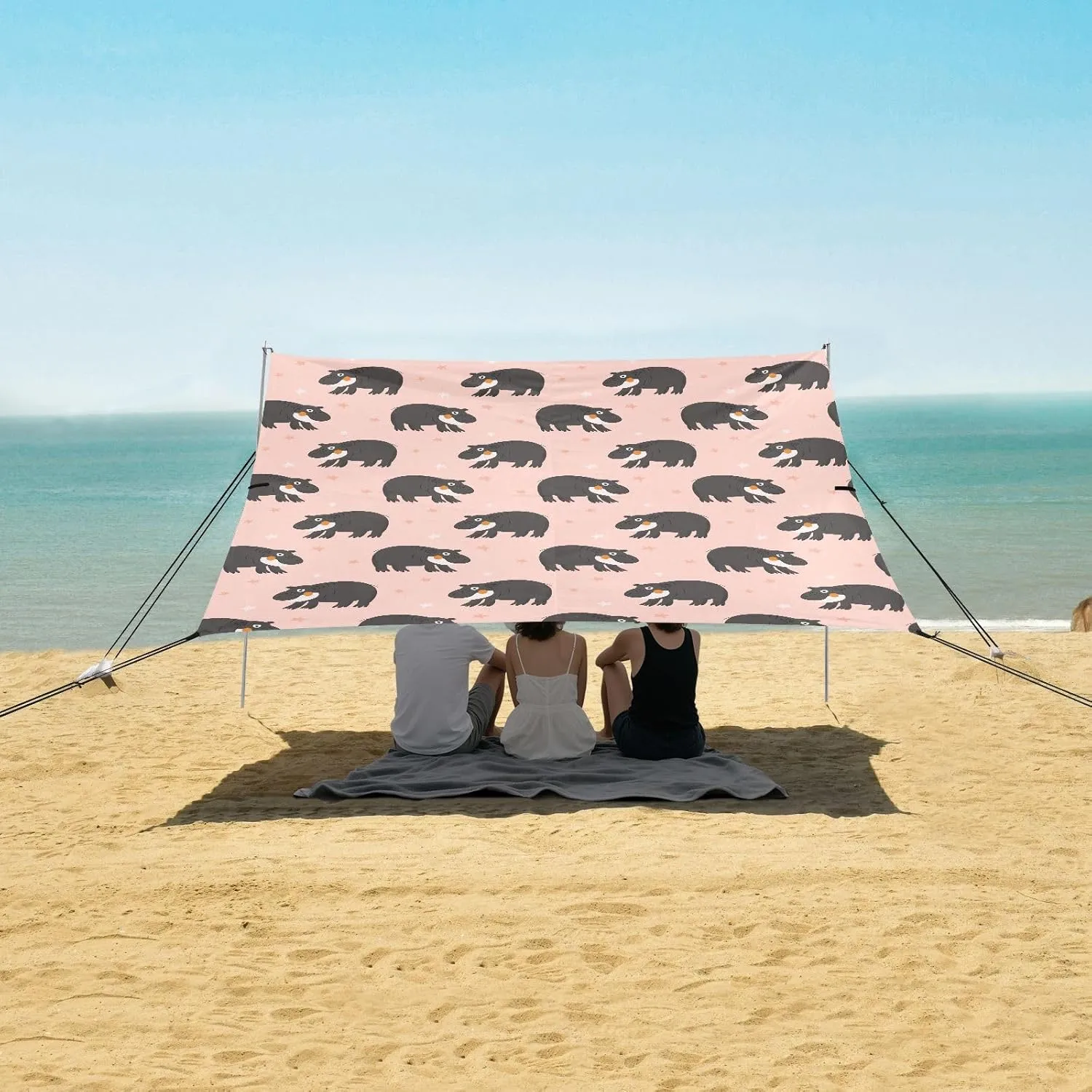Cute Hippo Pink Background Beach Canopy Tent Anti-UV & Wind Resistant, Camping Sun Shelter Easy Setup Portable,Outdoor Shade Tents with Sandbags,Sand Shovels,Ground Pegs & Stability Poles