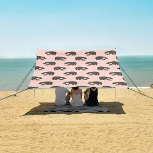 Cute Hippo Pink Background Beach Canopy Tent Anti-UV & Wind Resistant, Camping Sun Shelter Easy Setup Portable,Outdoor Shade Tents with Sandbags,Sand Shovels,Ground Pegs & Stability Poles