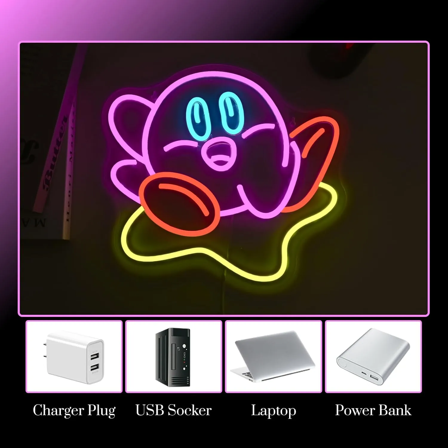 Cute Kirbee Neon Sign Dimmable Japanese Anime Led Signs for Wall Decor LED USB Powered Gaming Neon Light Sign for Kids Bedroom Game Room Decoration Gamer Fans Birthday Gifts