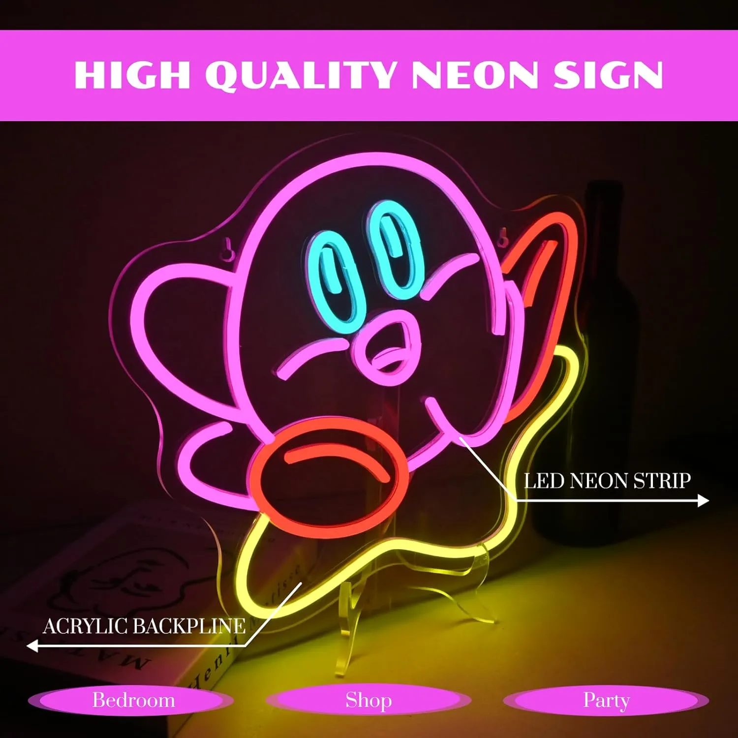 Cute Kirbee Neon Sign Dimmable Japanese Anime Led Signs for Wall Decor LED USB Powered Gaming Neon Light Sign for Kids Bedroom Game Room Decoration Gamer Fans Birthday Gifts