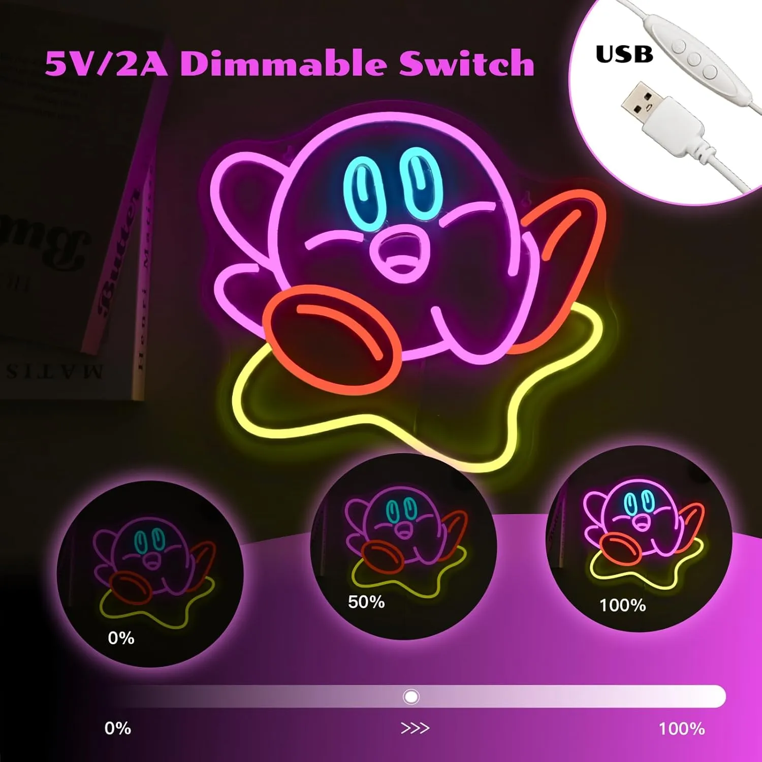 Cute Kirbee Neon Sign Dimmable Japanese Anime Led Signs for Wall Decor LED USB Powered Gaming Neon Light Sign for Kids Bedroom Game Room Decoration Gamer Fans Birthday Gifts