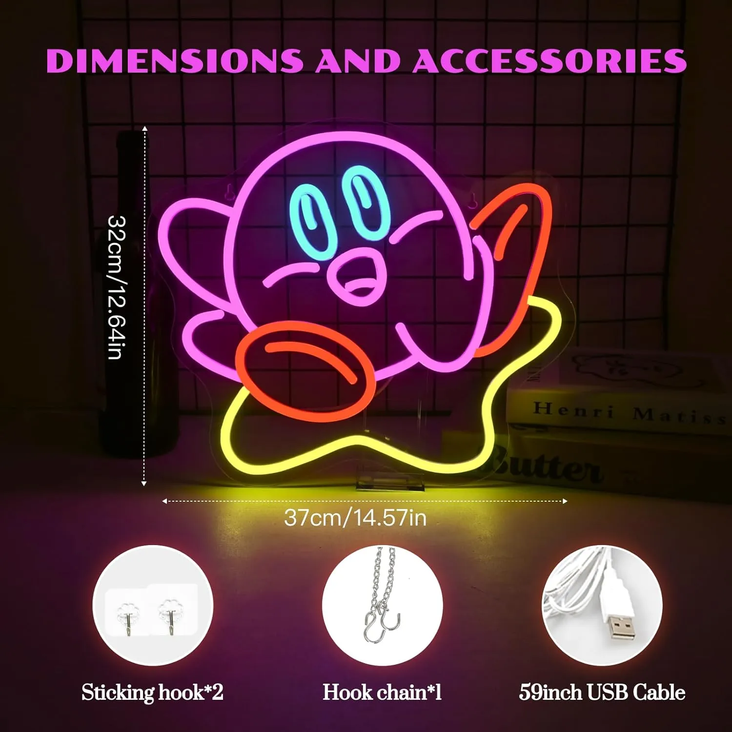Cute Kirbee Neon Sign Dimmable Japanese Anime Led Signs for Wall Decor LED USB Powered Gaming Neon Light Sign for Kids Bedroom Game Room Decoration Gamer Fans Birthday Gifts