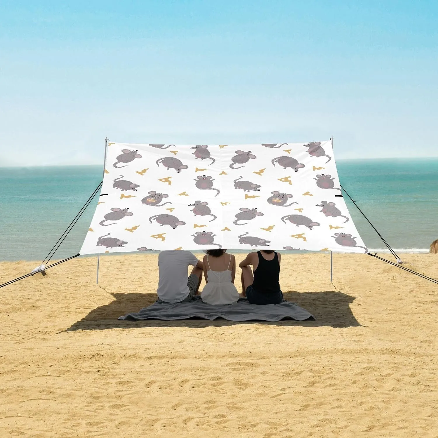 Cute Mouse with Cheese Beach Canopy Tent Anti-UV & Wind Resistant, Camping Sun Shelter Easy Setup Portable,Outdoor Shade Tents with Sandbags,Sand Shovels,Ground Pegs & Stability Poles