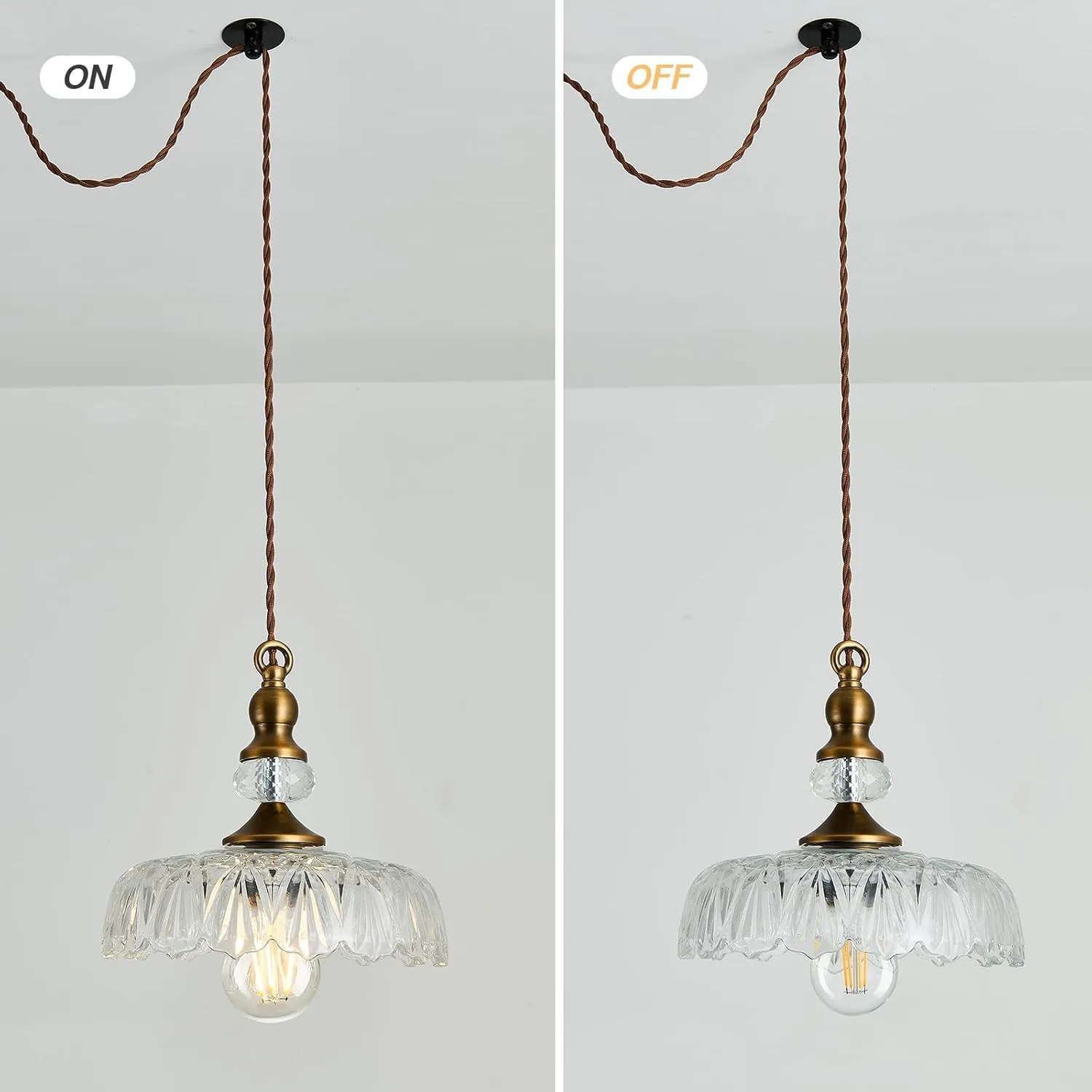CVKASH Plug in Glass Pendant Light Fixture Brass Vintage Adjustable Chandelier Brushed Gold Hanging Ceiling Light for Farmhouse Hallway Bedroom Foyer Kitcken Dining Room Island
