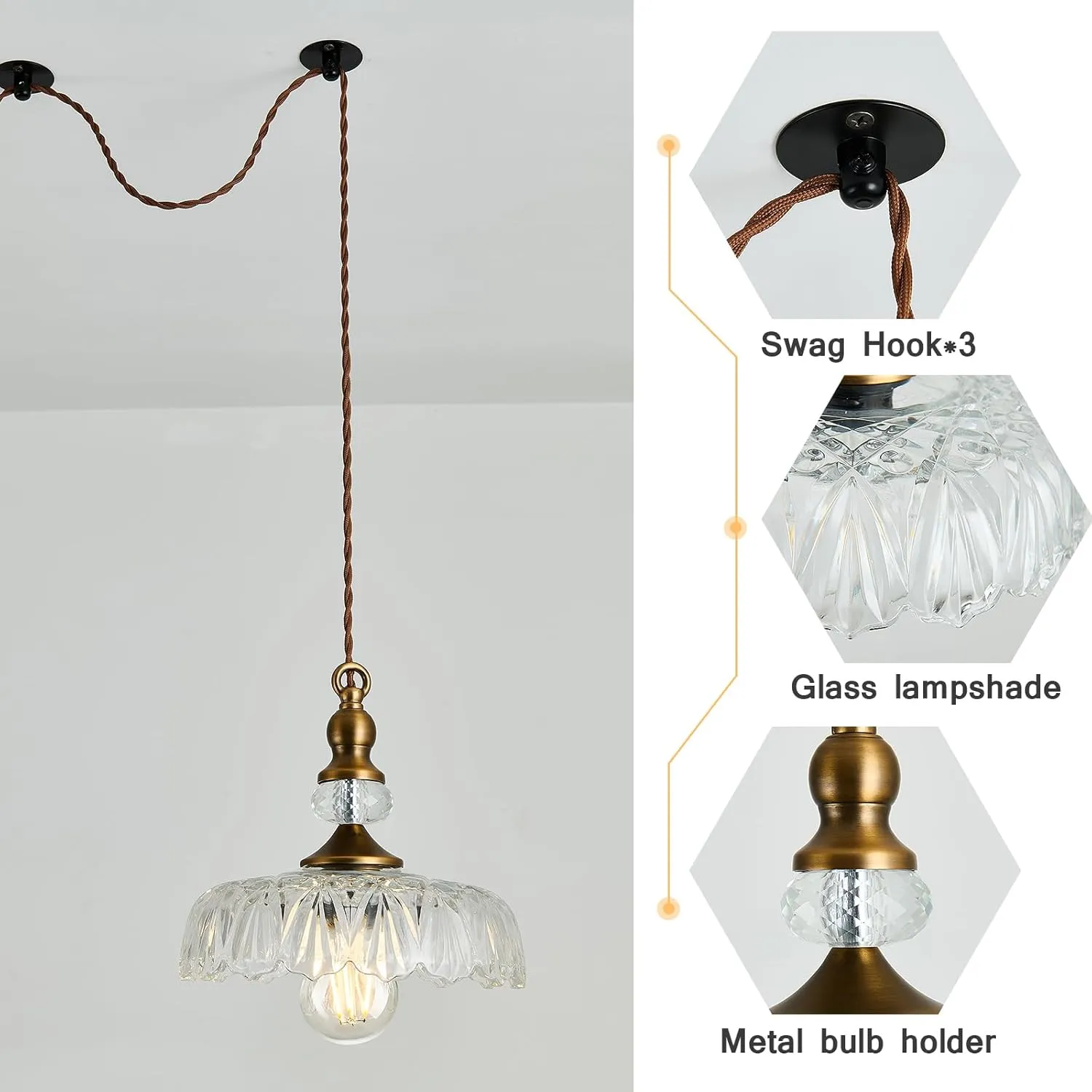 CVKASH Plug in Glass Pendant Light Fixture Brass Vintage Adjustable Chandelier Brushed Gold Hanging Ceiling Light for Farmhouse Hallway Bedroom Foyer Kitcken Dining Room Island