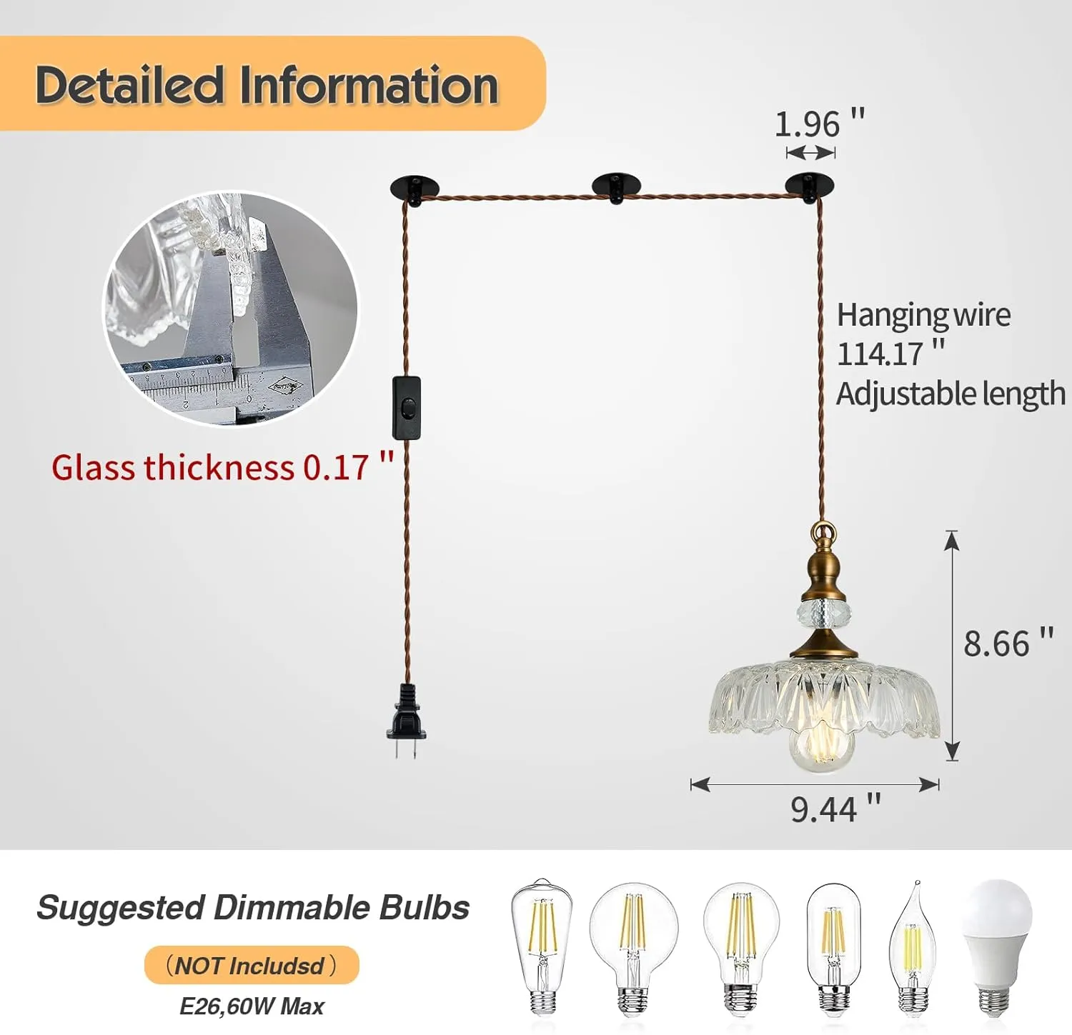 CVKASH Plug in Glass Pendant Light Fixture Brass Vintage Adjustable Chandelier Brushed Gold Hanging Ceiling Light for Farmhouse Hallway Bedroom Foyer Kitcken Dining Room Island
