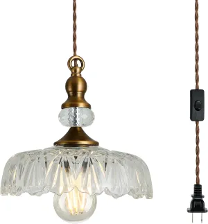 CVKASH Plug in Glass Pendant Light Fixture Brass Vintage Adjustable Chandelier Brushed Gold Hanging Ceiling Light for Farmhouse Hallway Bedroom Foyer Kitcken Dining Room Island
