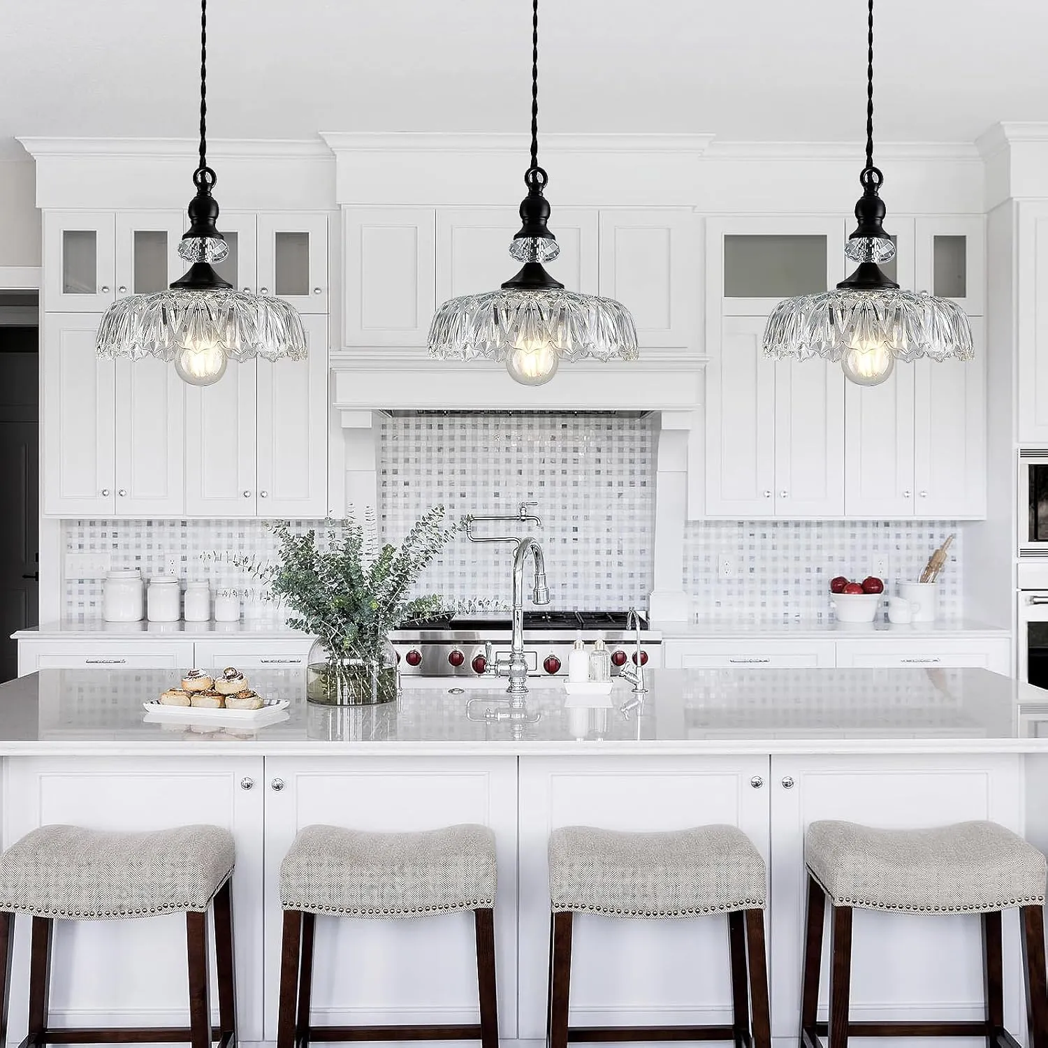 CVKASH Vintage Glass Pendant Light Fixture Black Modern Adjustable Chandelier Hanging Light for Farmhouse Dining Room Kitchen Bedroom Hallway Island
