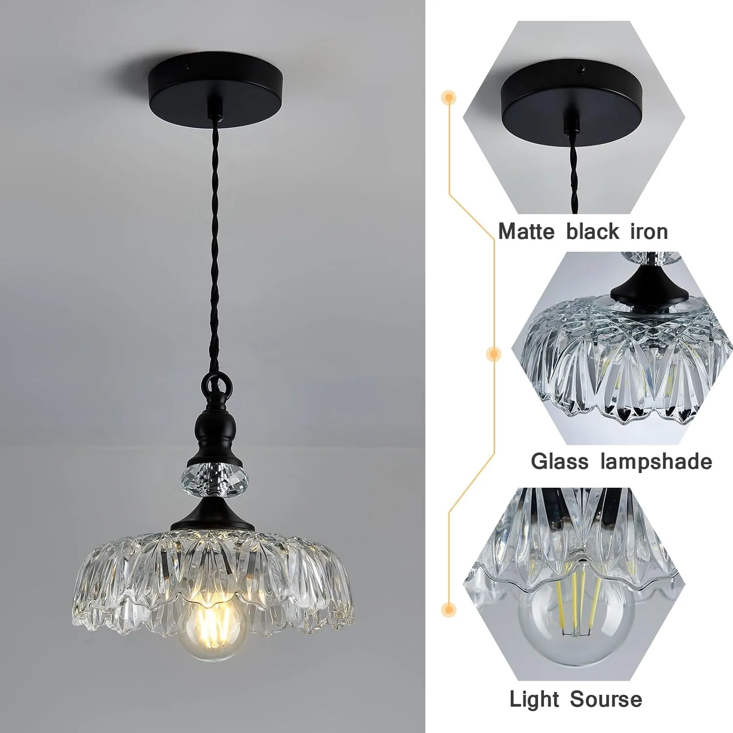 CVKASH Vintage Glass Pendant Light Fixture Black Modern Adjustable Chandelier Hanging Light for Farmhouse Dining Room Kitchen Bedroom Hallway Island