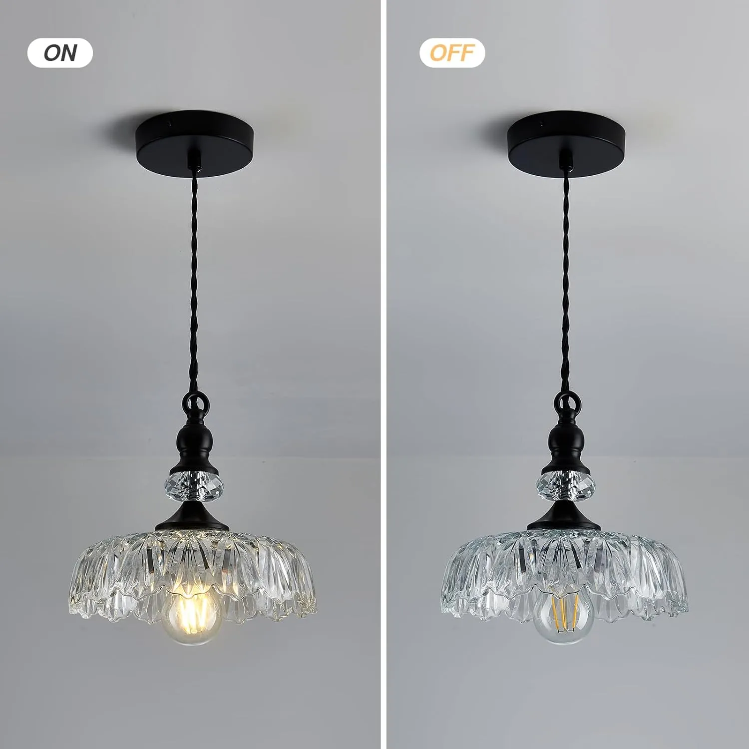 CVKASH Vintage Glass Pendant Light Fixture Black Modern Adjustable Chandelier Hanging Light for Farmhouse Dining Room Kitchen Bedroom Hallway Island