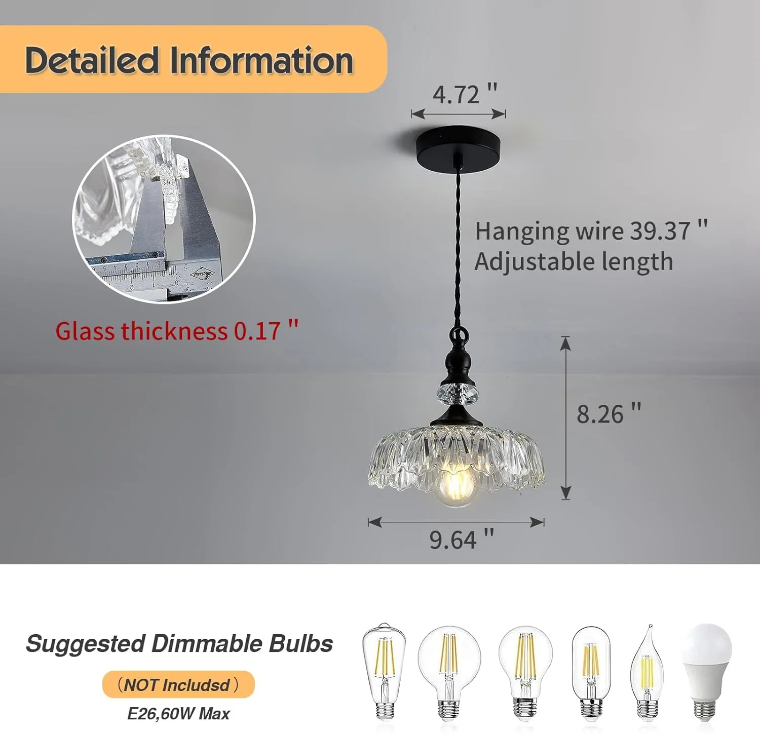 CVKASH Vintage Glass Pendant Light Fixture Black Modern Adjustable Chandelier Hanging Light for Farmhouse Dining Room Kitchen Bedroom Hallway Island