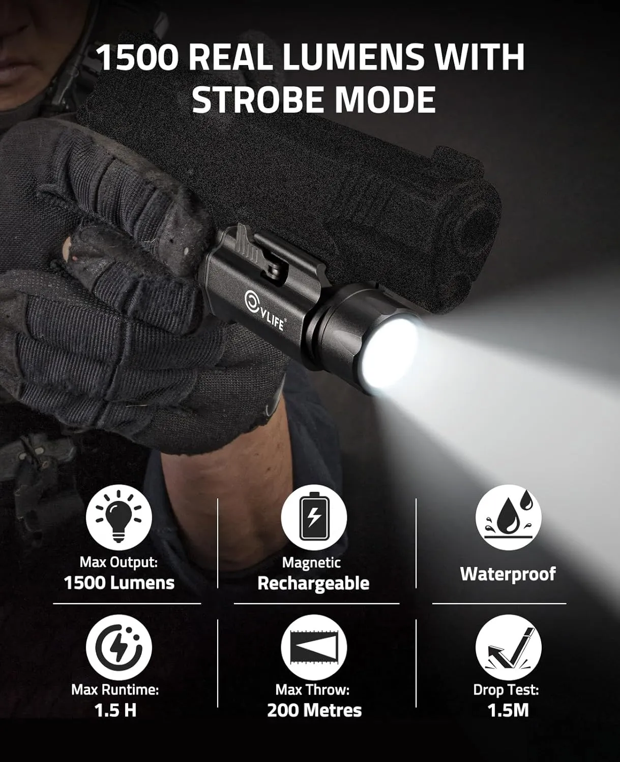 CVLIFE 1500 Lumens Pistol Flashlight Magnetic Rechargeable, Tactical Light for Pistol with Quick Install Adjustable Rail, Picatinny Flashlight with Strobe Function