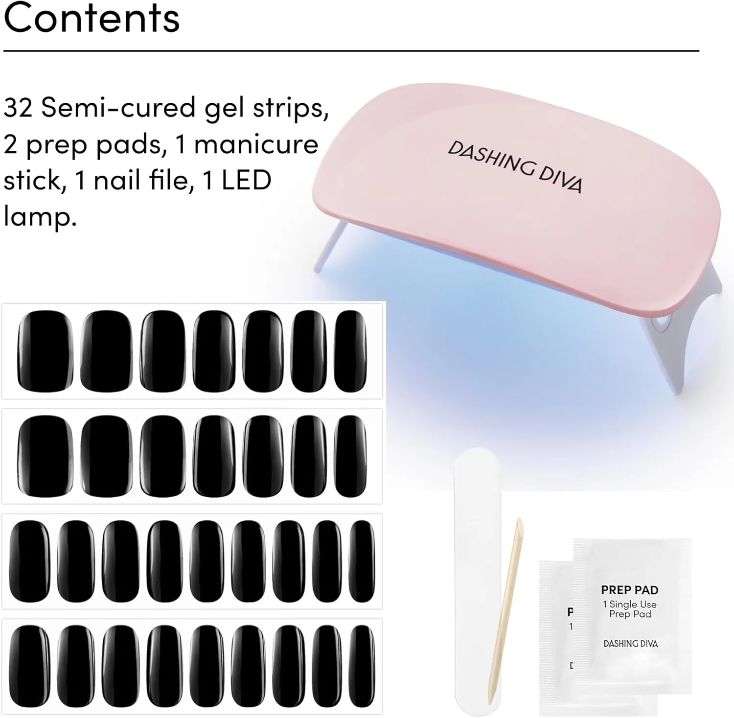 Dashing Diva Glaze Nail Starter Kit - Real Black - Long Lasting, Chip Resistant, Semi-Cured Gel Nail Strips - 7-Piece Manicure Set with 32 Strips and Mini LED Lamp