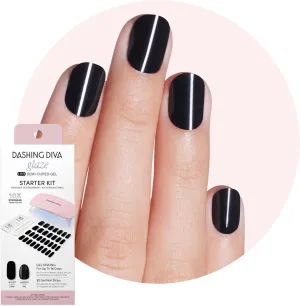 Dashing Diva Glaze Nail Starter Kit - Real Black - Long Lasting, Chip Resistant, Semi-Cured Gel Nail Strips - 7-Piece Manicure Set with 32 Strips and Mini LED Lamp