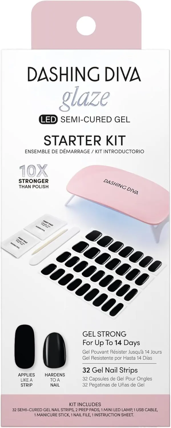 Dashing Diva Glaze Nail Starter Kit - Real Black - Long Lasting, Chip Resistant, Semi-Cured Gel Nail Strips - 7-Piece Manicure Set with 32 Strips and Mini LED Lamp