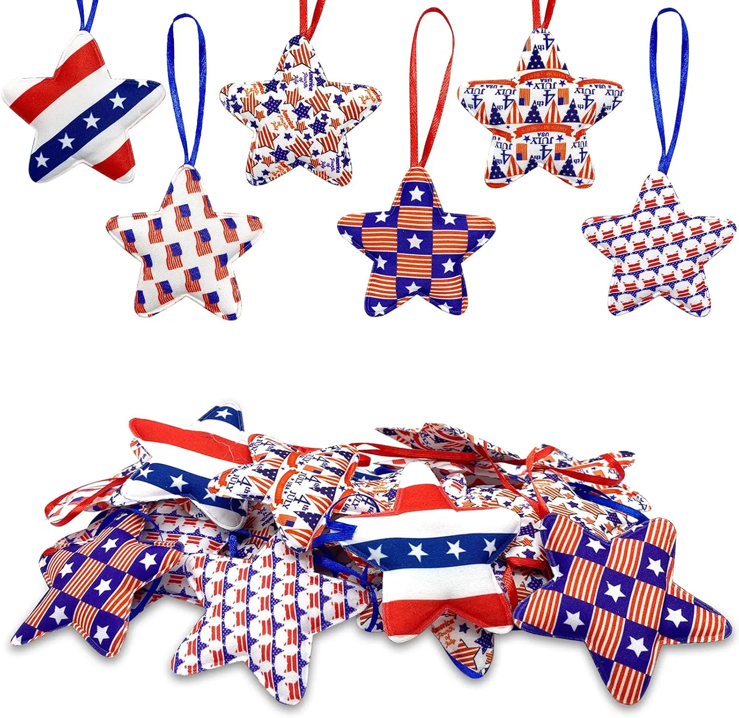 Deloky 30 Pcs 4th of July Decoration Fabric Wrapped Stars, 3.5 x 6.1 Inch Patriotic Ornaments Red White and Blue Stars, Memorial Day Tree Decorations for Independence Day Veterans Day Decor