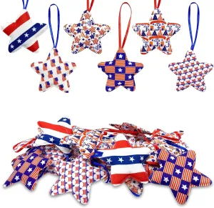 Deloky 30 Pcs 4th of July Decoration Fabric Wrapped Stars, 3.5 x 6.1 Inch Patriotic Ornaments Red White and Blue Stars, Memorial Day Tree Decorations for Independence Day Veterans Day Decor