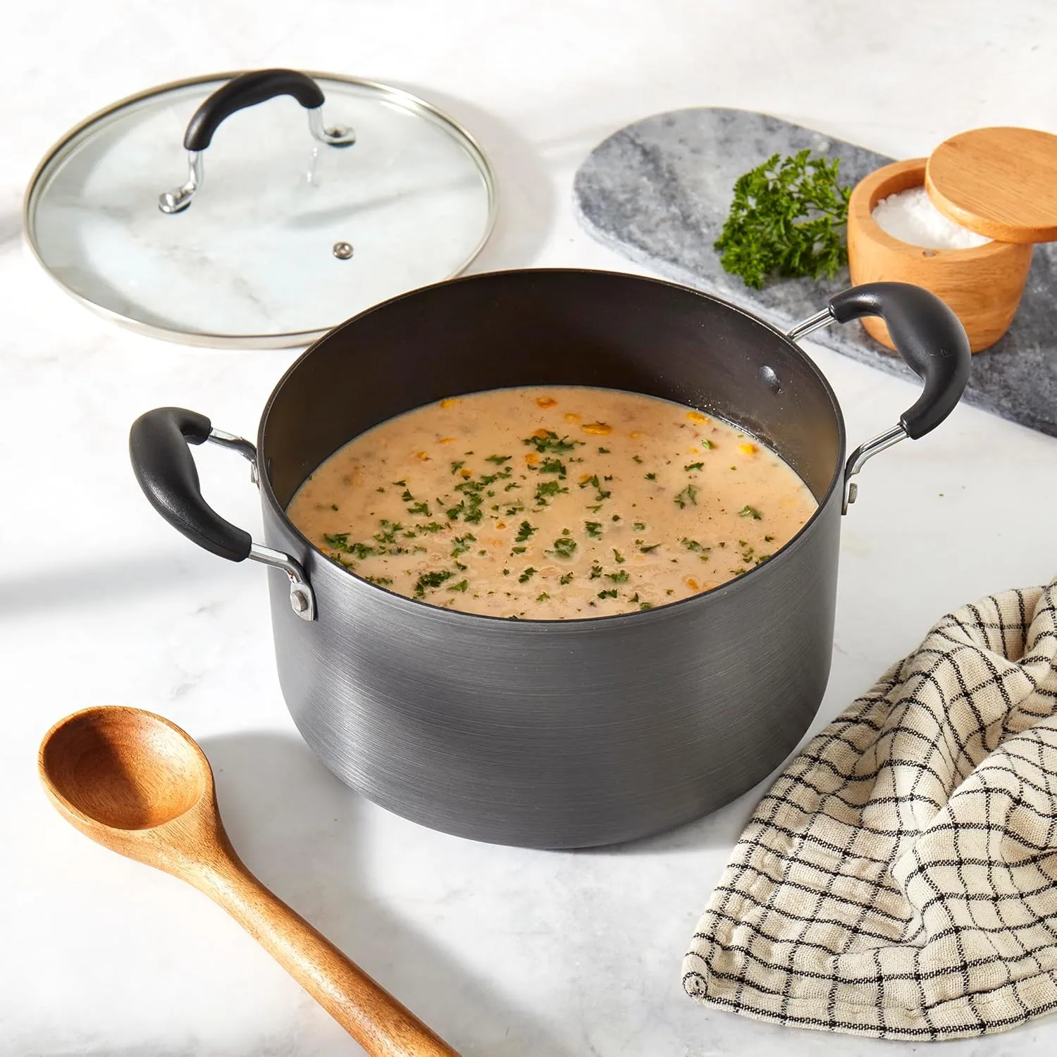 Denmark Tools for Cooks 6-Quart Nonstick Hard-Anodized Aluminum Dutch Oven Stock Pot Soup Pasta with Stay-Cool Handles and Glass Lid, Black