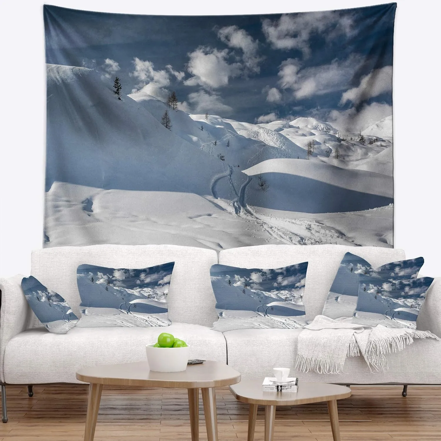 Designart ' Ski Tracks on a Slope' Landscape Photo Tapestry Blanket Décor Wall Art for Home and Office, Created On Lightweight Polyester Fabric Large: 60 in. x 50 in