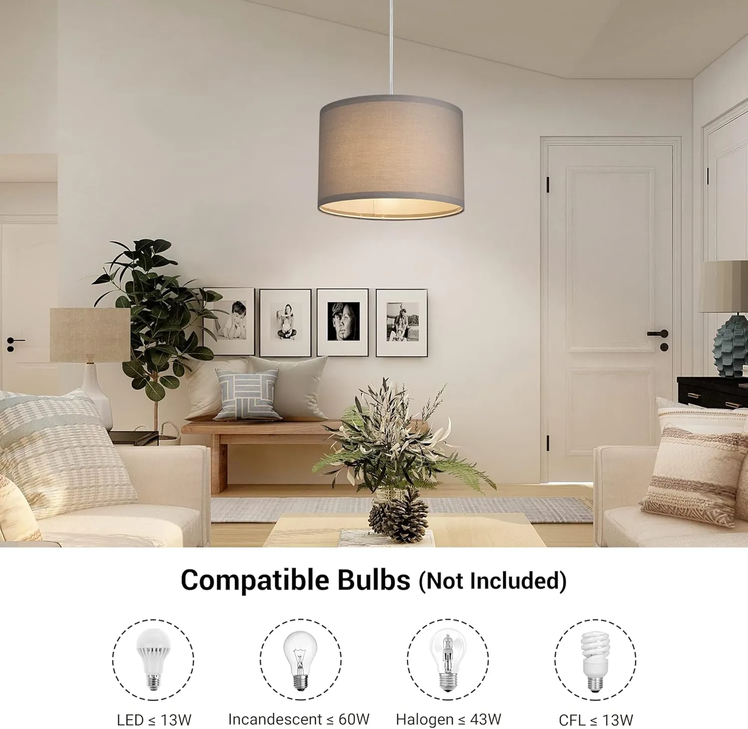 DEWENWILS Plug-in Hanging Light with 15Ft Cord, On/Off Switch, Light Grey Fabric Shade for Bedroom, Kitchen, Living Room, Dining Table