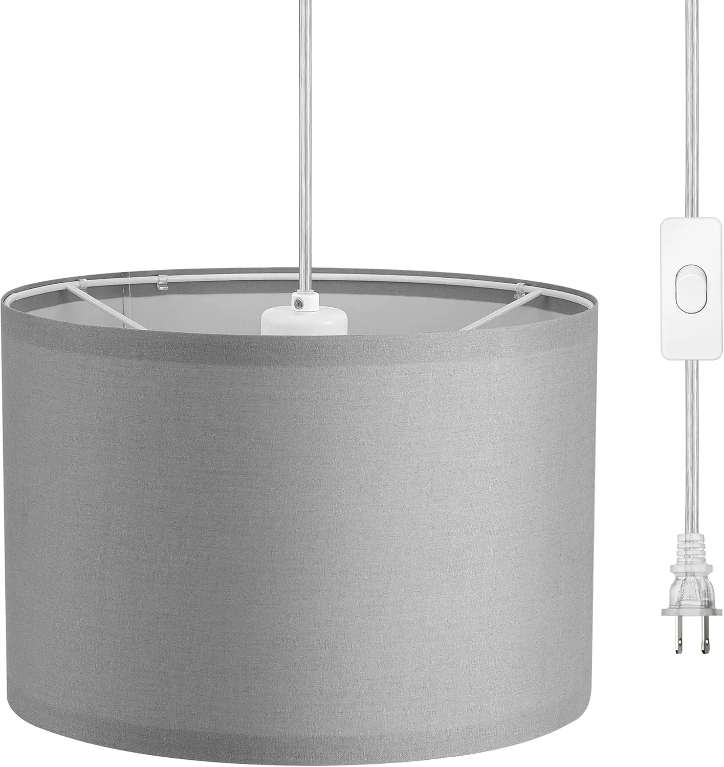 DEWENWILS Plug-in Hanging Light with 15Ft Cord, On/Off Switch, Light Grey Fabric Shade for Bedroom, Kitchen, Living Room, Dining Table