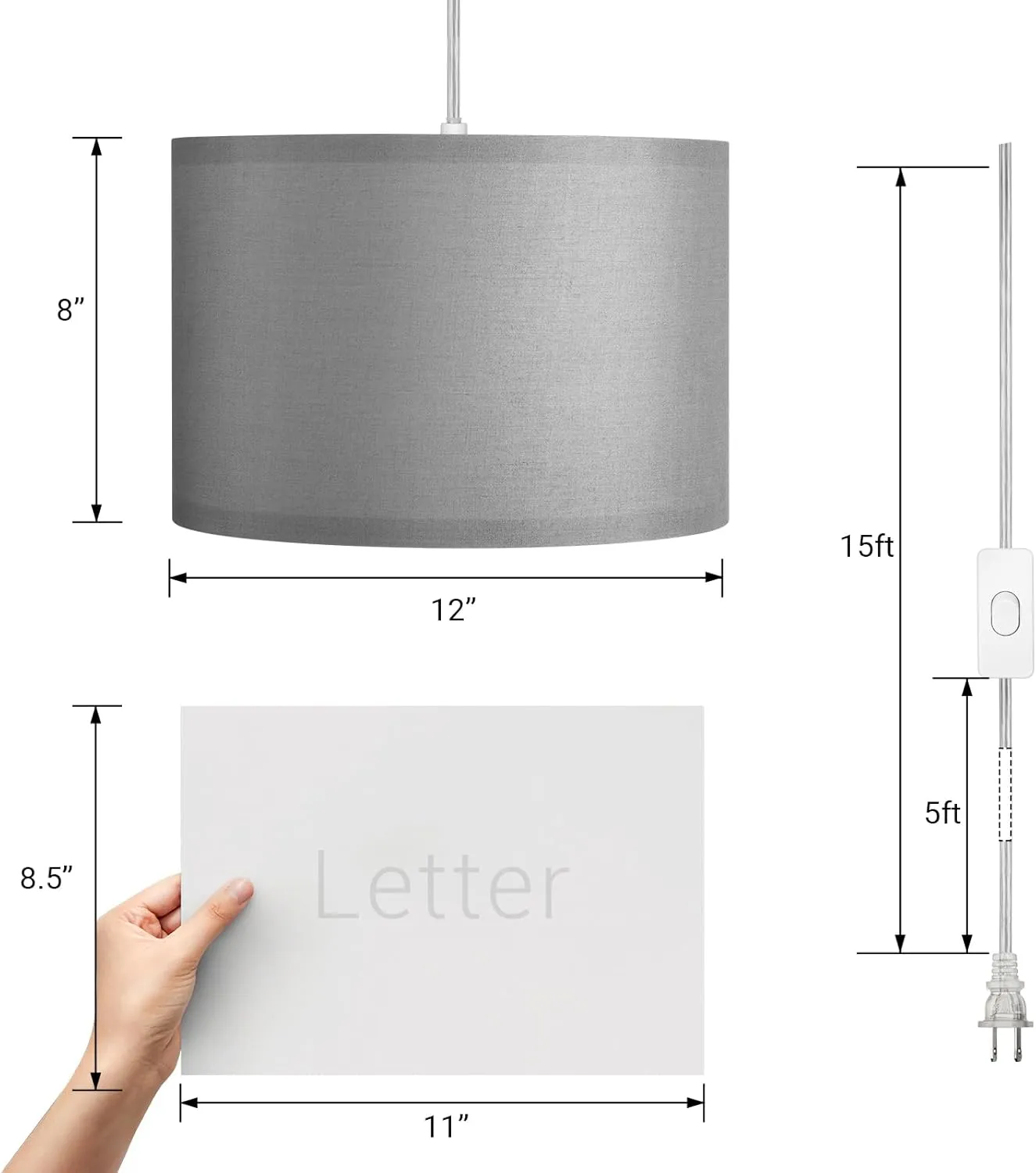 DEWENWILS Plug-in Hanging Light with 15Ft Cord, On/Off Switch, Light Grey Fabric Shade for Bedroom, Kitchen, Living Room, Dining Table